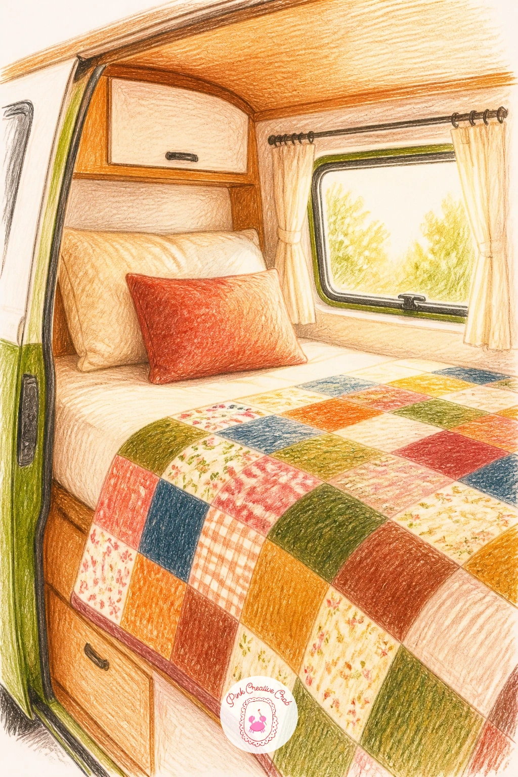 Camper Van Bed With a Patchwork Quilt — Sketch the inside curve of the camper van first, following the rounded roofline so the bed nook feels tucked into the