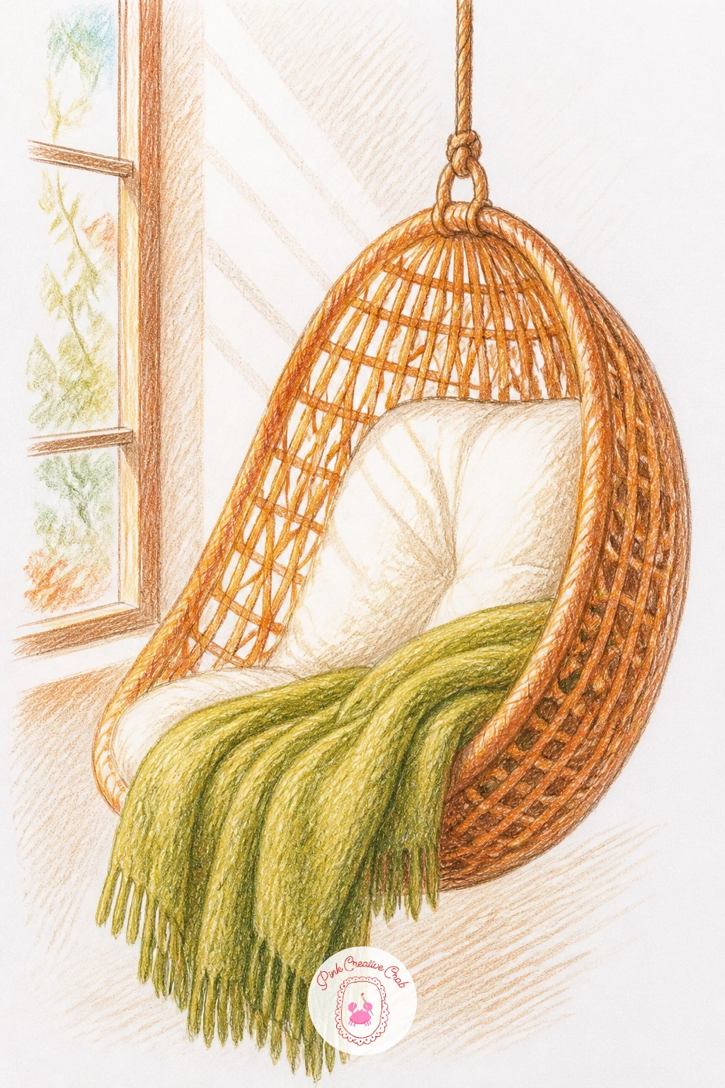 Hanging Chair With a Blanket by a Window — Draw the hanging chair first as a simple rounded basket shape suspended from a single strong line at the top, then