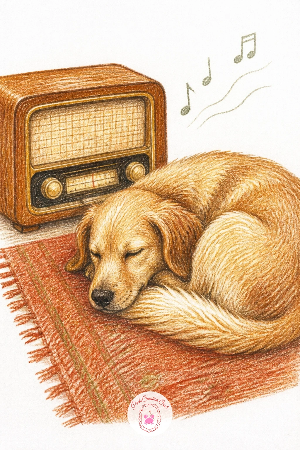 Radio Playing Beside a Sleeping Dog — Draw a simple vintage radio shape first, a rounded box with a dial and a speaker grille suggested by a few short parallel