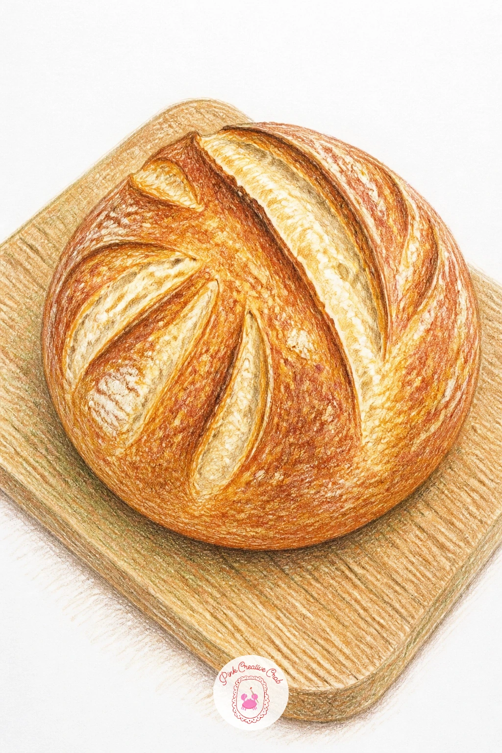 Sourdough Loaf on a Cutting Board — Draw the cutting board as a simple rounded rectangle first, then place the loaf on top as one large domed oval shape, since