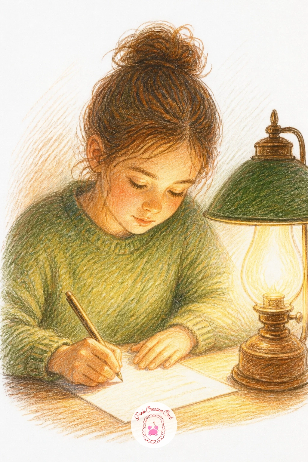 Girl Writing Letters by Lamplight — Sketch the desk surface and lamp first, placing the light source to one side so it throws a warm pool across the paper and
