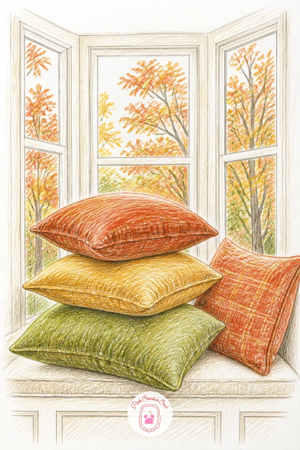 Pillows on a Bay Window in Autumn — Draw the bay window's angled panes first, since the slight bend in the window shape is what distinguishes it from a flat
