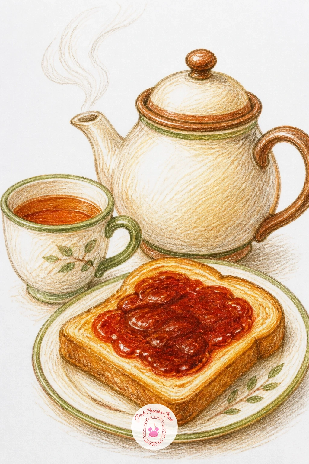 Pot of Tea and Toast With Jam — Place the teapot first as a simple rounded shape with a curved spout and handle, then add a small cup beside it and a plate of