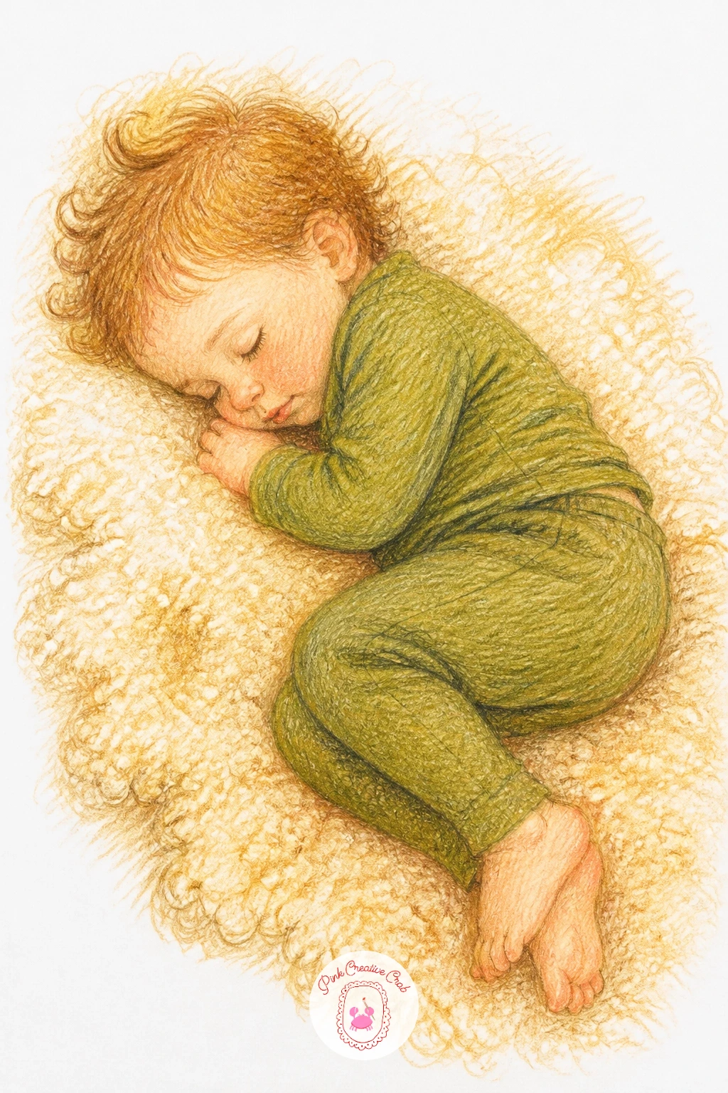 Toddler Napping on a Sheepskin Rug — Draw the sheepskin rug first as a loose, irregular rounded shape with a slightly wavy outer edge, then place the sleeping