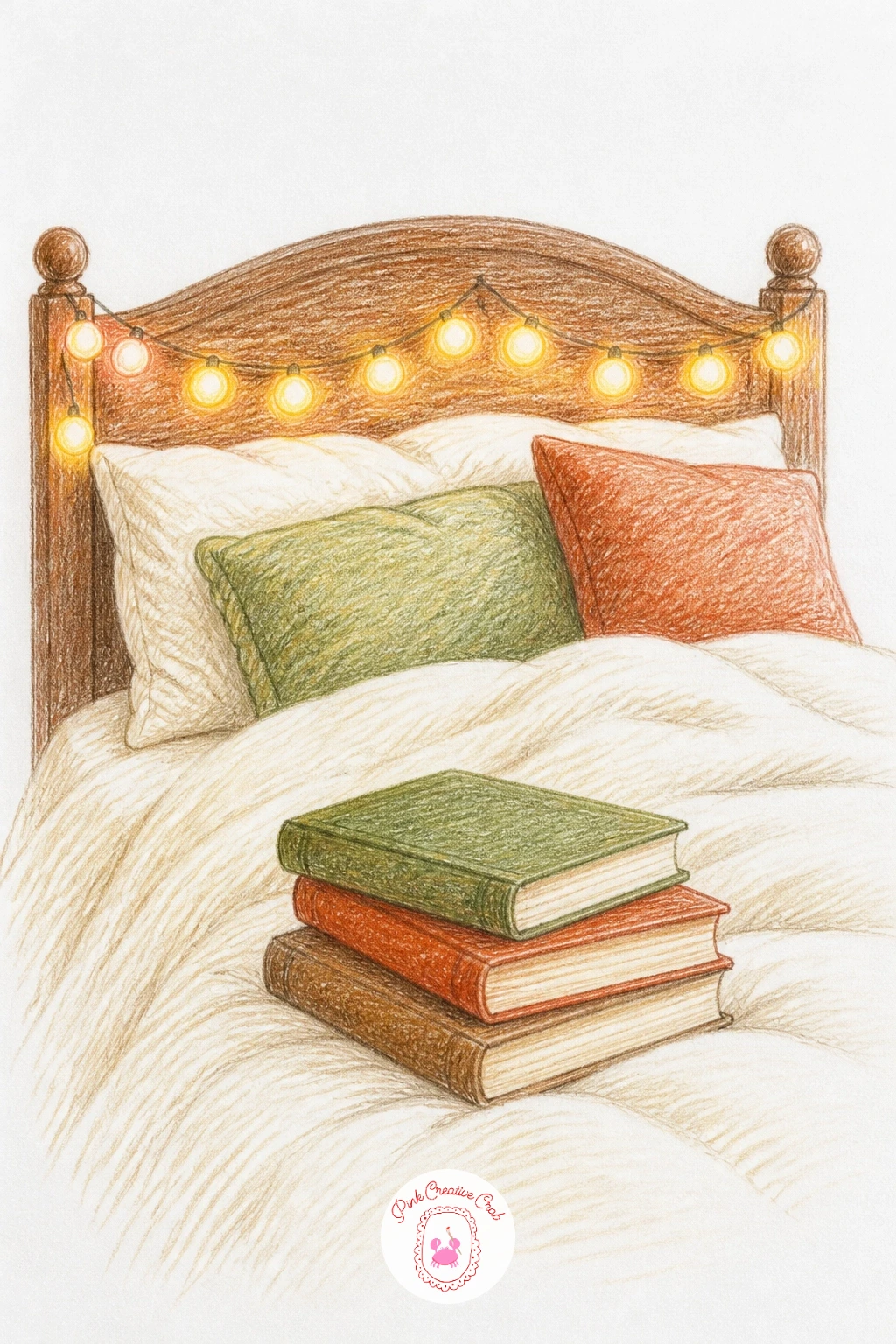 Bed With String Lights and Books — Sketch the headboard and pillow pile first, then loop a simple string of lights along the top edge of the headboard or