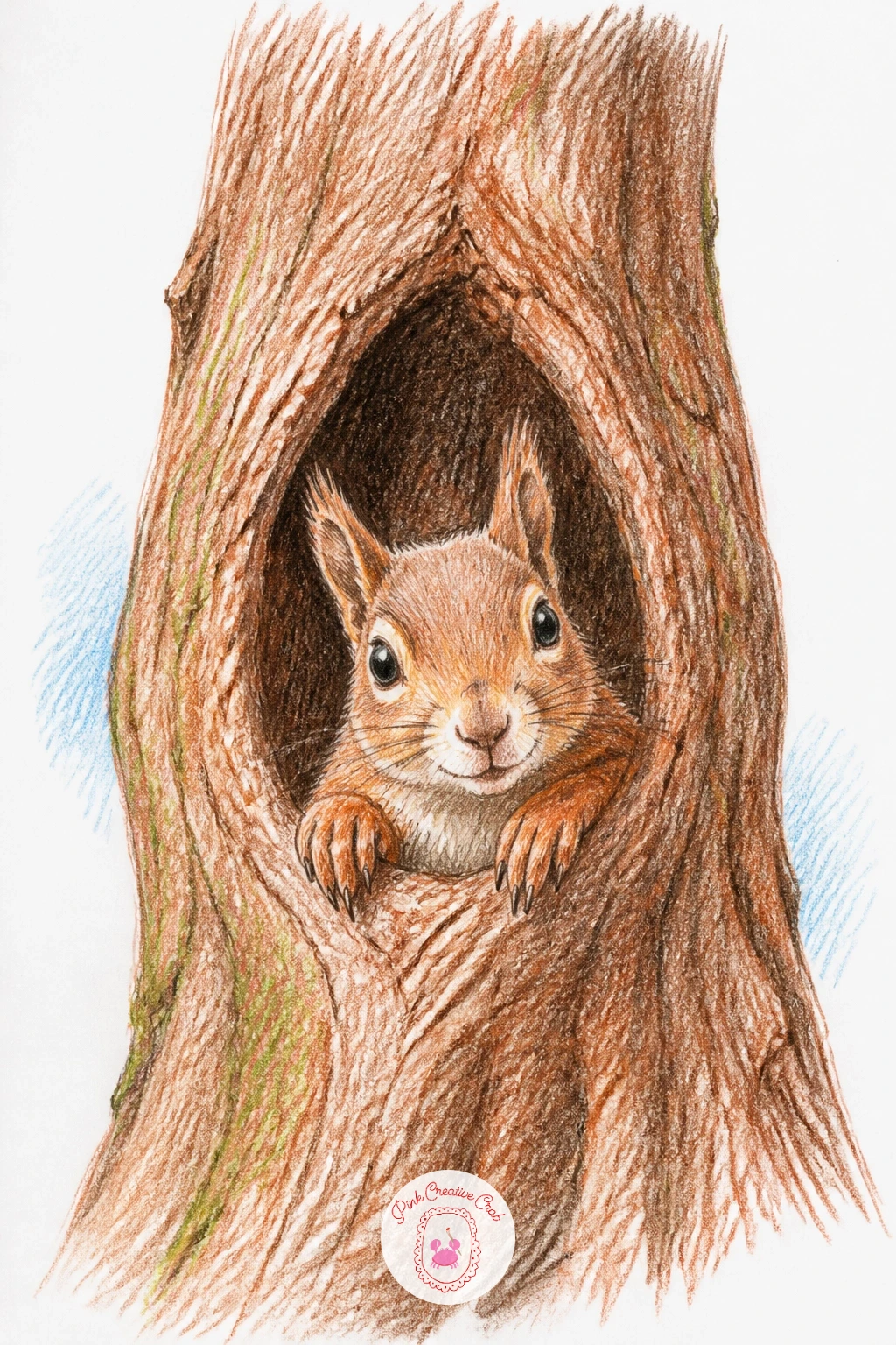 Squirrel Peeking Out of a Tree Hollow — Here the trick is proportion: draw the hollow first as a rough dark oval in the trunk, then size the squirrel's head