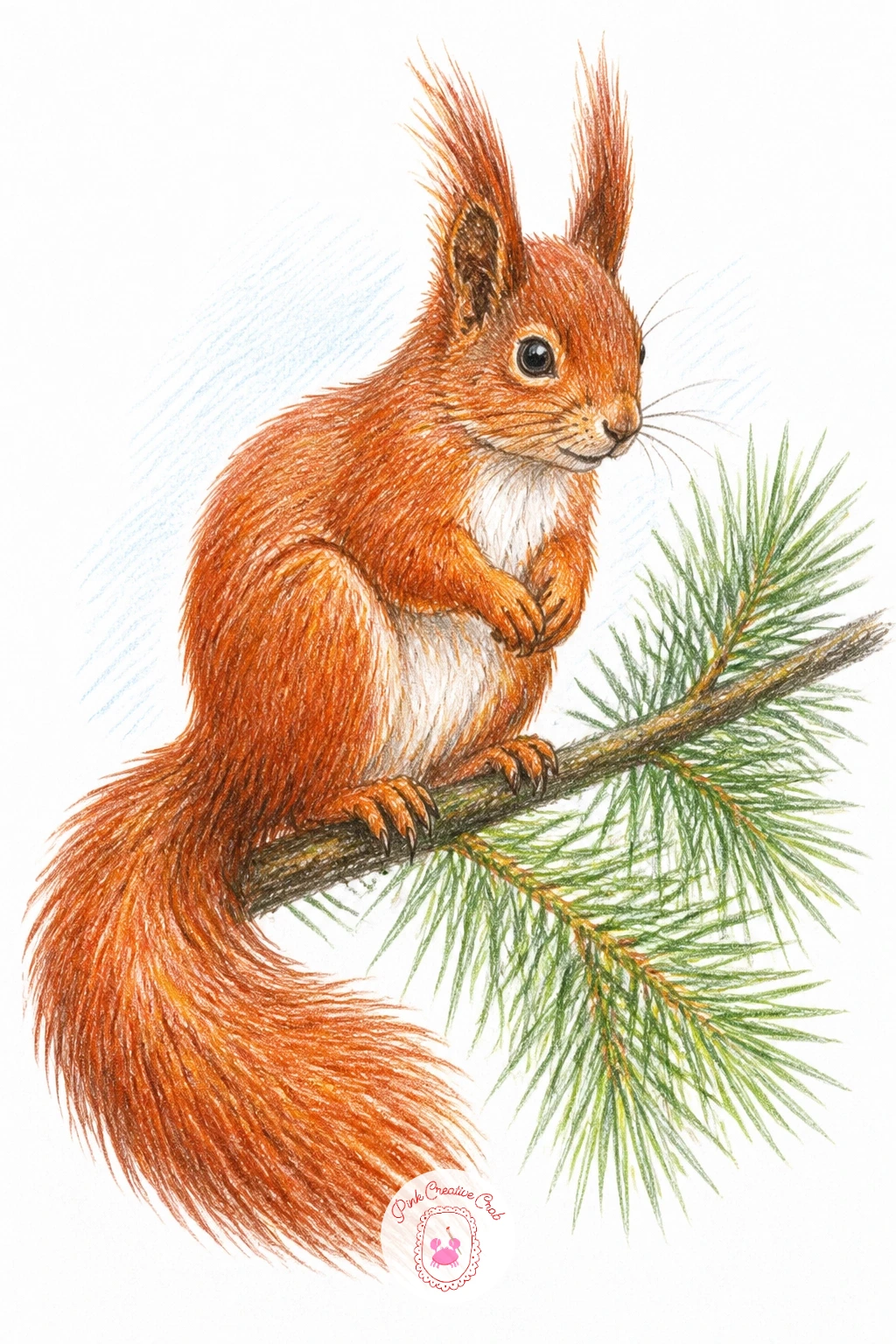 Red Squirrel With Tufted Ears on a Pine Branch — This one leans on perspective and light: set the eye level low, looking slightly up at the branch, so the