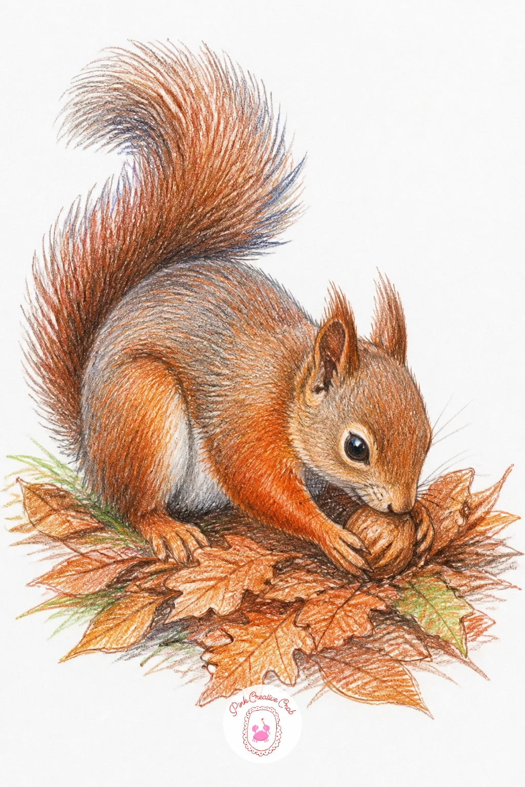 Squirrel Burying a Nut in Fallen Leaves — Follow on from the pine branch with a squirrel back on the ground, front paws pushing a nut down into a pile of