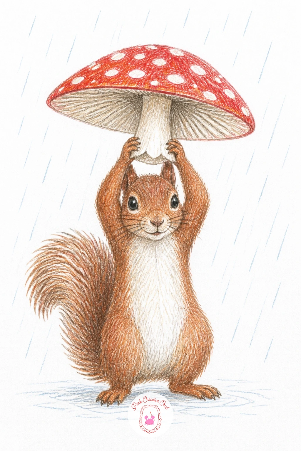 Squirrel Holding a Mushroom Over Its Head in the Rain — Give this squirrel a storybook moment: standing upright on back legs, both paws raised to hold a