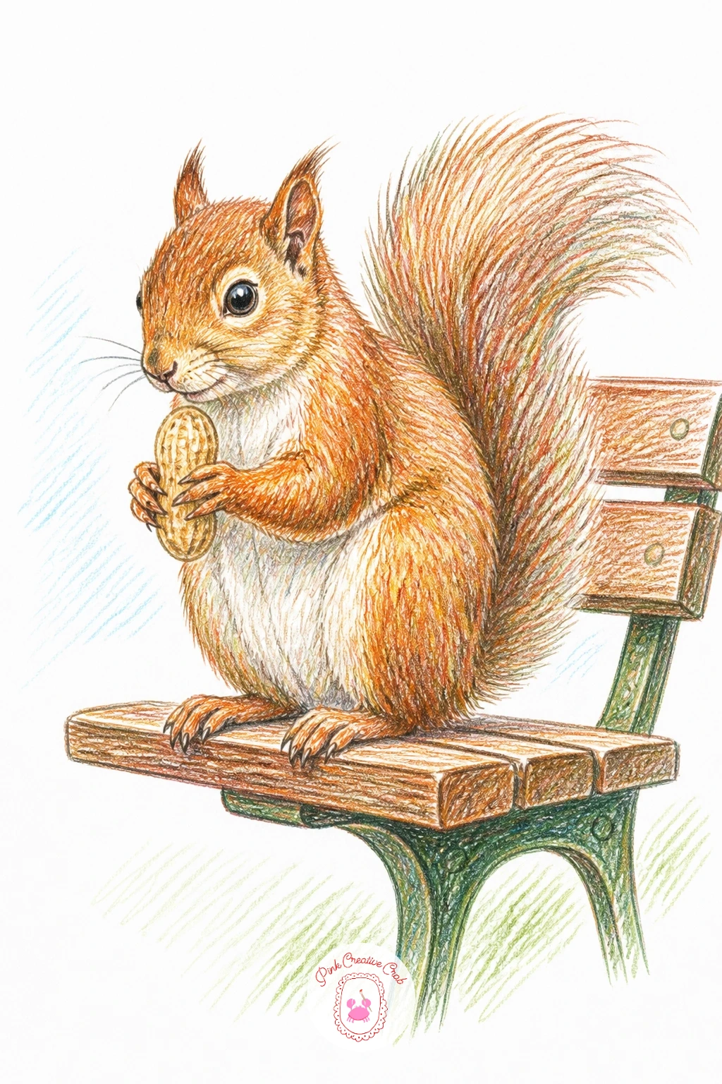 Squirrel on a Park Bench With a Peanut — Move into a tiny scene for this one: a squirrel sitting on the end of a wooden park bench, one peanut held in both
