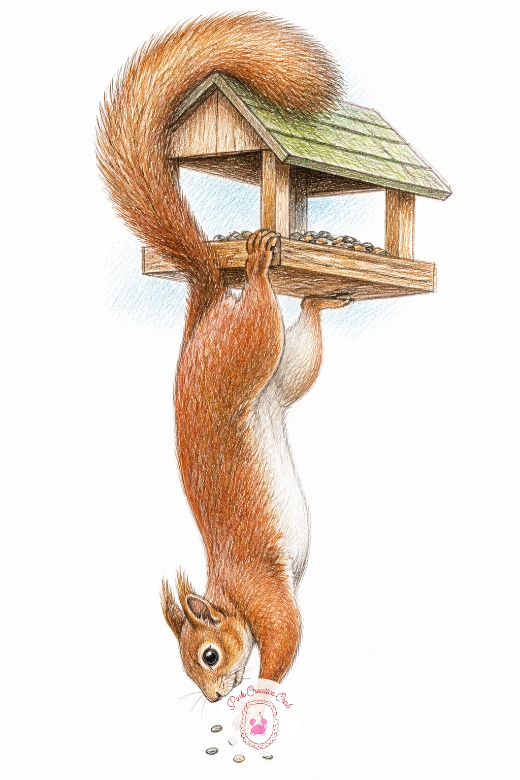Squirrel Hanging Upside Down From a Bird Feeder — This pose asks for a little perspective thinking: the squirrel hangs with back feet gripping the feeder roof