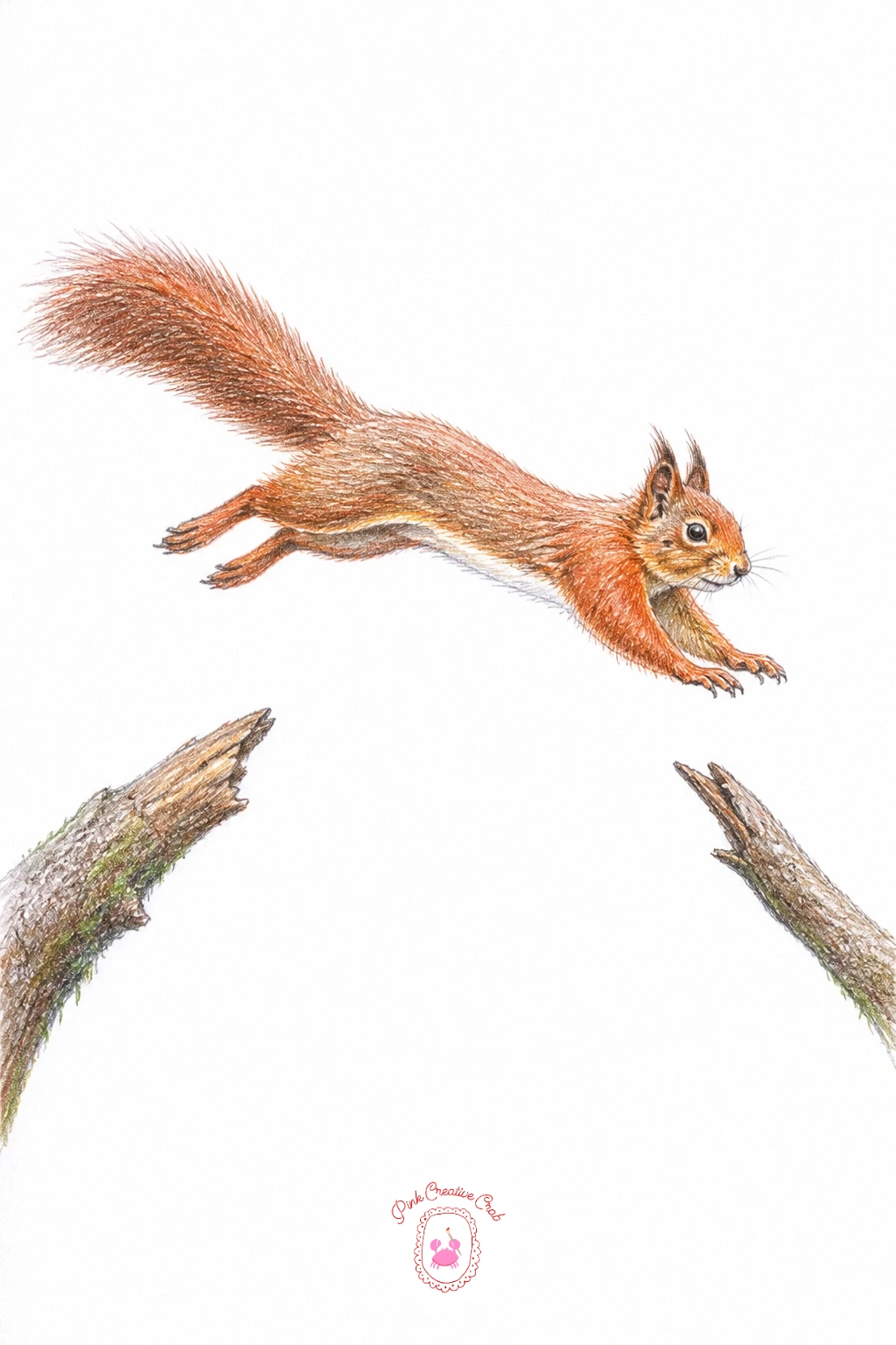 Squirrel Leaping Between Two Branches — Capture real mid-air motion by stretching the squirrel's body into a long diagonal line, front paws reaching forward