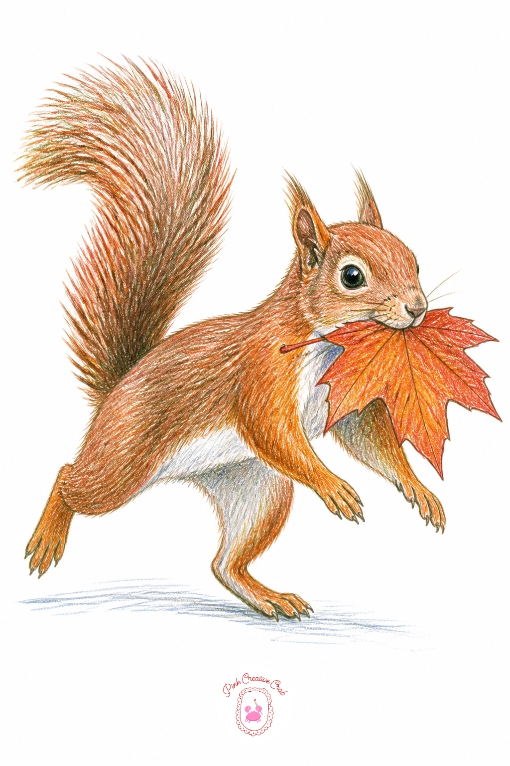 Squirrel Carrying a Leaf to Its Nest — Give this squirrel a clear job: trotting forward with one large maple leaf held in its mouth, stem first, the leaf