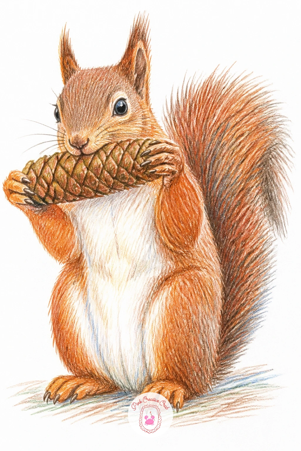 Squirrel Eating a Pinecone Like Corn on the Cob — This is the quick ten-minute version of a busy little scene: a squirrel sitting upright, pinecone held