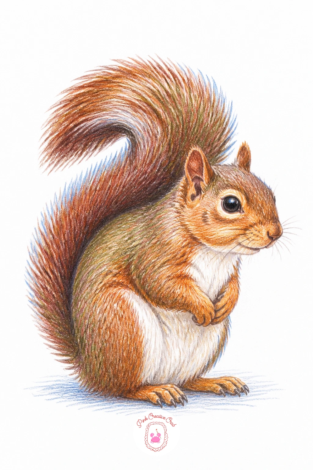 Squirrel With Its Tail Curled Over Its Back — After a page of action poses, slow down with a calm portrait: a squirrel sitting perfectly still, its big tail
