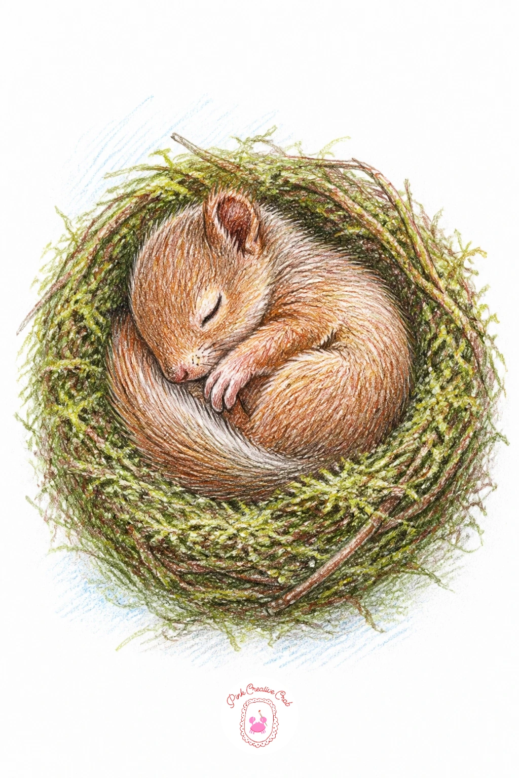Baby Squirrel Asleep in a Nest of Moss — Switch to something gentle: a single baby squirrel curled into a tight ball, eyes shut, tucked inside a small round