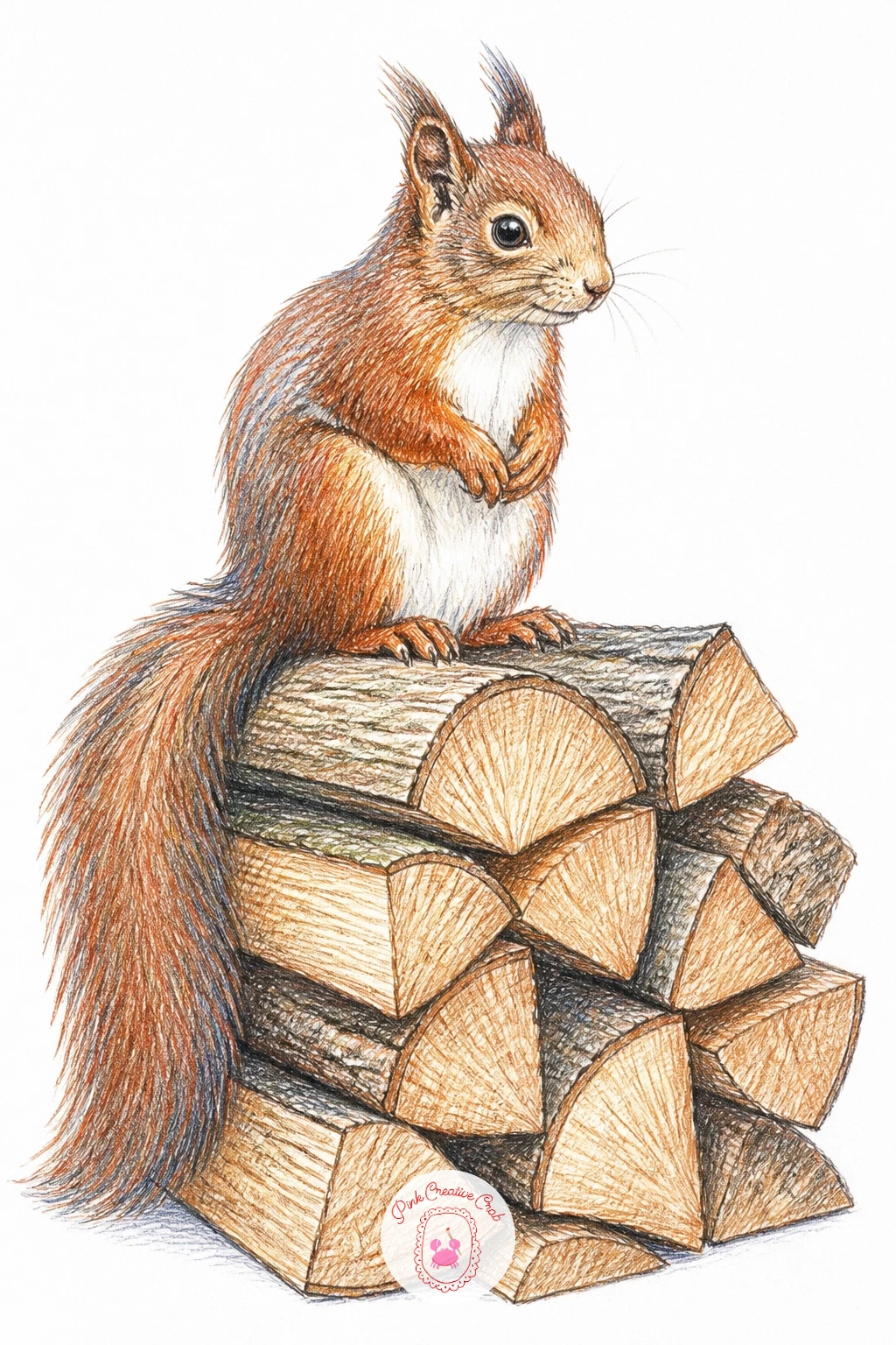 Squirrel Sitting on a Stack of Firewood — Build a small cozy scene here: a squirrel perched on top of a neat stack of split logs, tail draped down over one