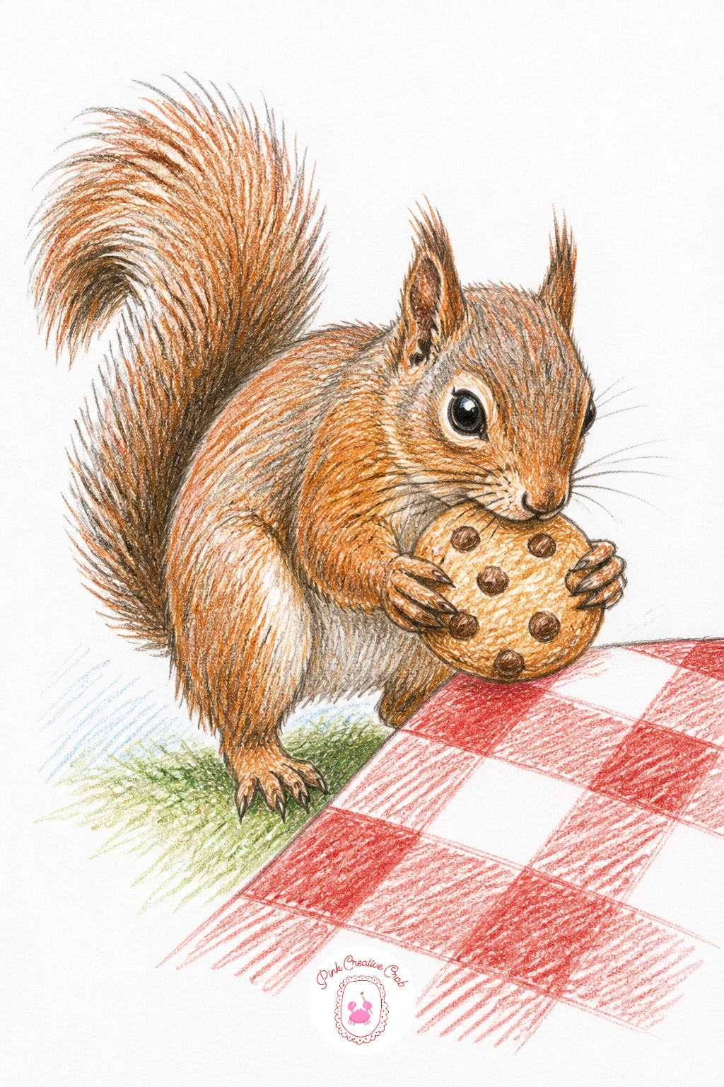 Squirrel Stealing a Cookie From a Picnic — Give this squirrel some comic energy: caught mid-grab on top of a checkered picnic blanket, a round cookie held in