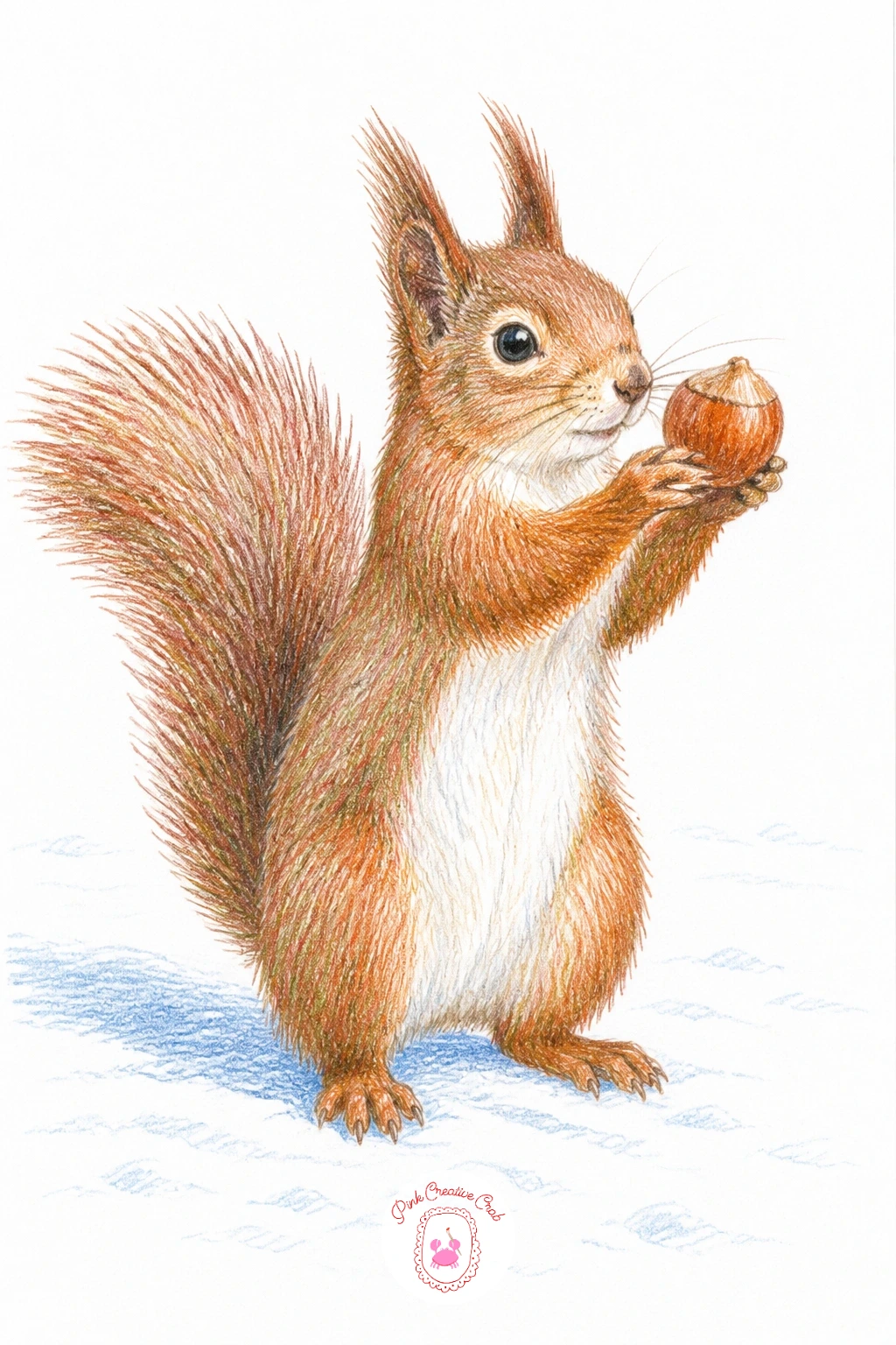 Squirrel Holding a Hazelnut in the Snow — Shift the season slightly with a squirrel standing in a dusting of snow, a single hazelnut held up in its front paws.