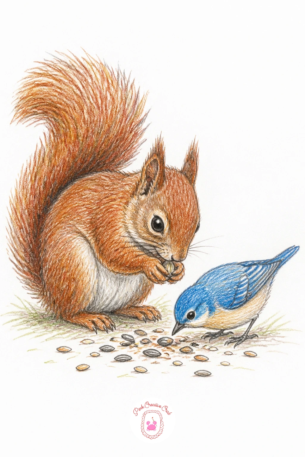 Squirrel and a Little Bird Sharing Seeds — Pair up two characters for this scene, a squirrel and a small bird sitting close together over a scatter of seeds on