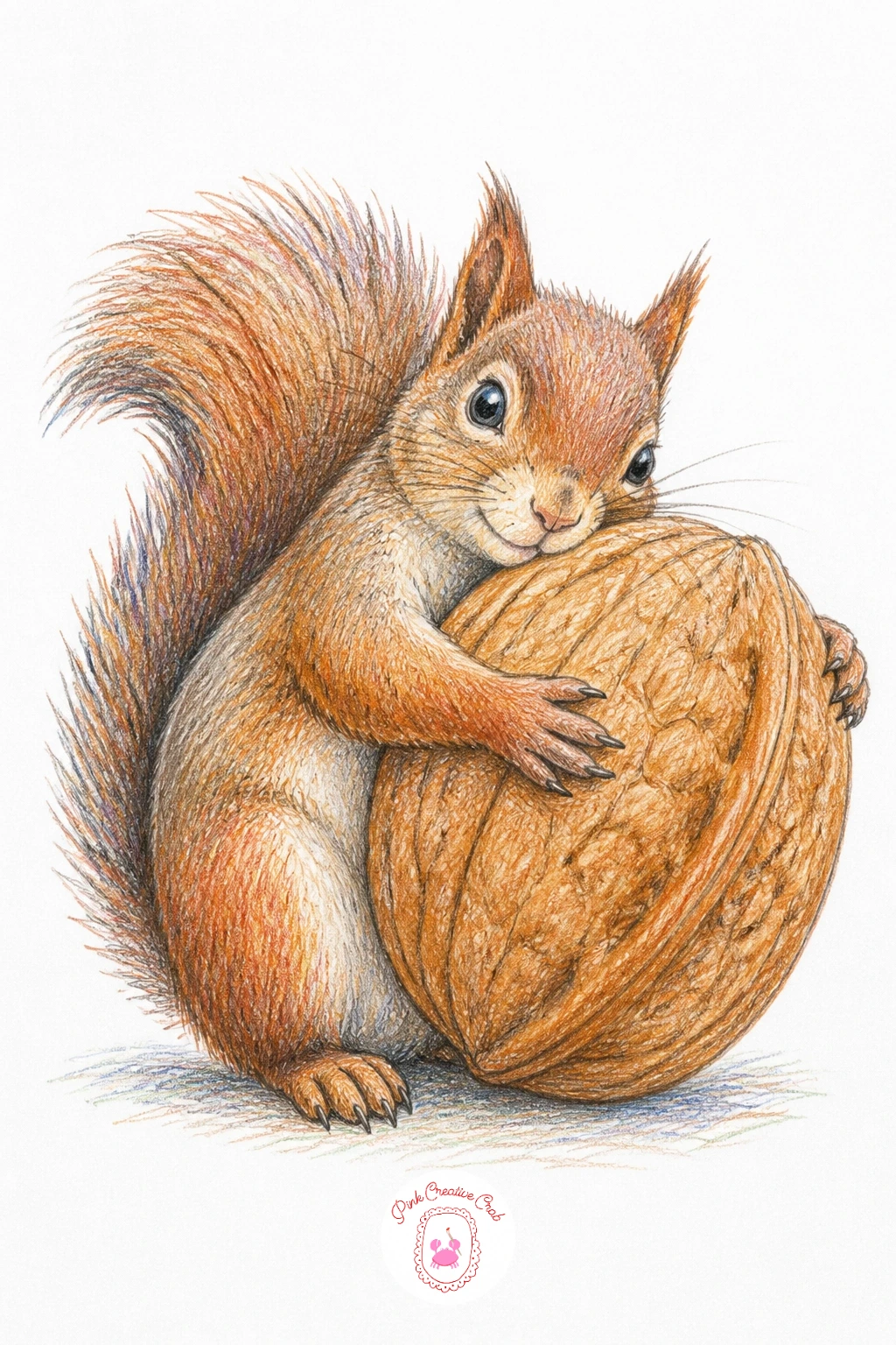 Squirrel Hugging a Giant Walnut — Have some fun with scale here: a squirrel wrapping both arms around a walnut drawn noticeably oversized, nearly as big as its
