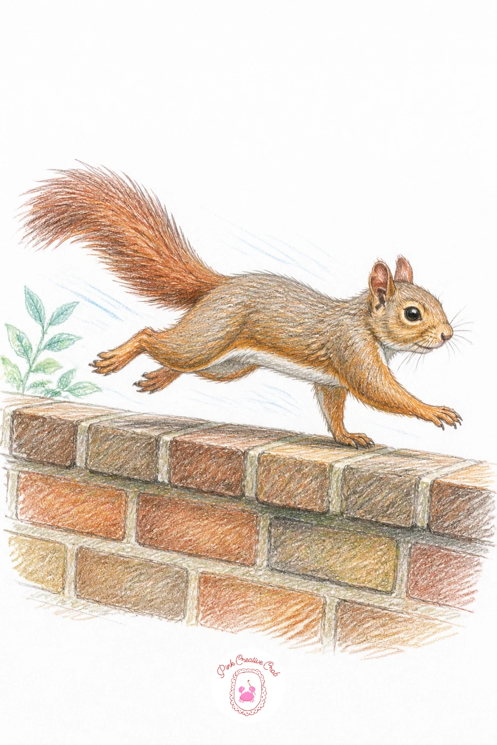 Squirrel Running Along a Garden Wall — Capture speed along a flat surface: a squirrel mid-stride on top of a low brick or stone garden wall, body stretched