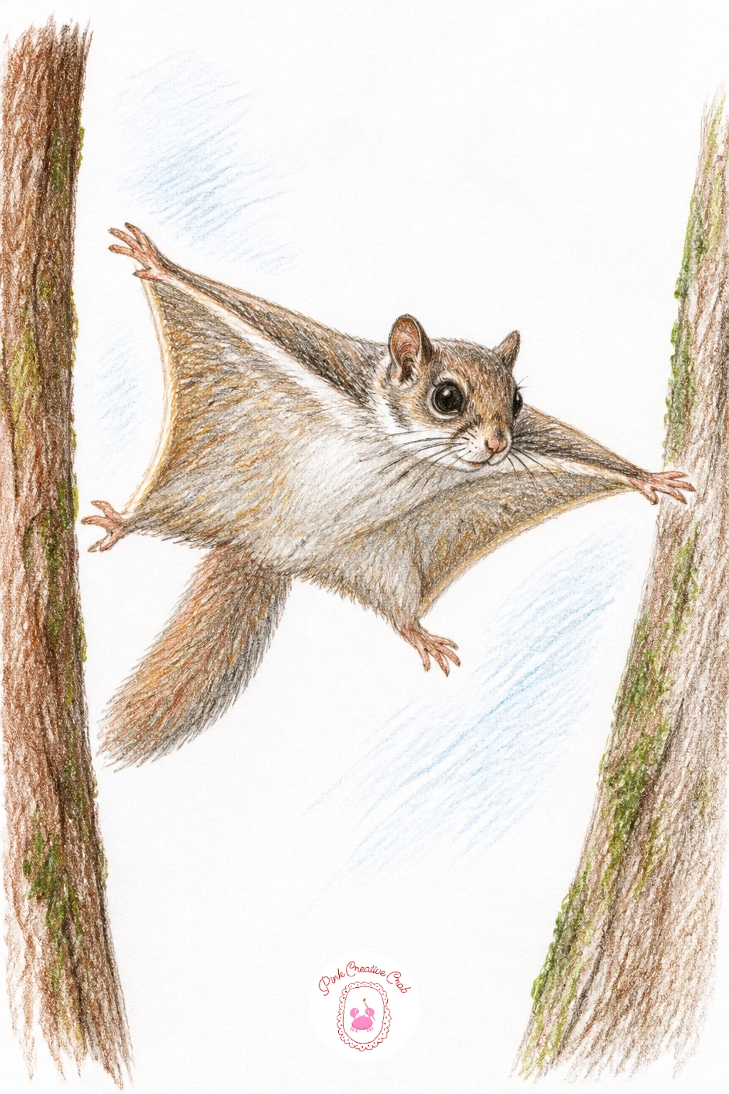 Flying Squirrel Gliding Between Trees — This is the most dramatic pose on the list, so take the proportion carefully: the gliding membrane between front and