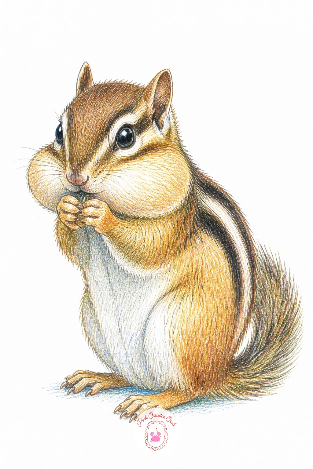 Chipmunk With Striped Cheeks Full of Seeds — Bring in a cousin of the squirrel for variety: a chipmunk, smaller and more compact in build, with its signature