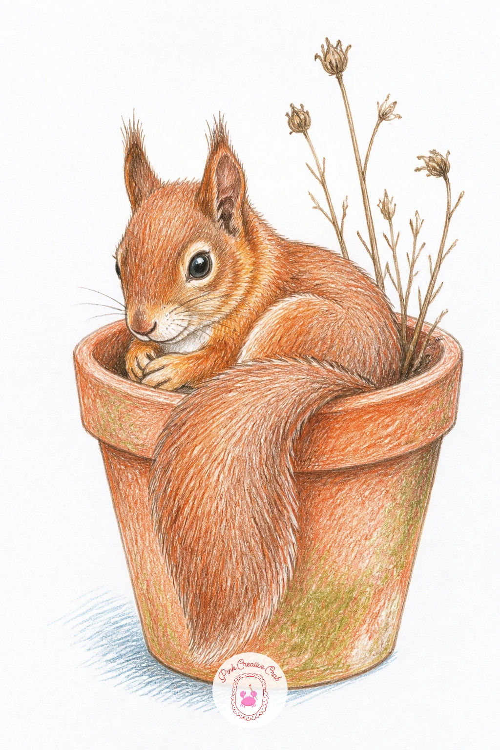 Squirrel Sitting in a Flowerpot — Place a squirrel somewhere unexpected: curled or seated inside a terracotta flowerpot as though it claimed the planter for a