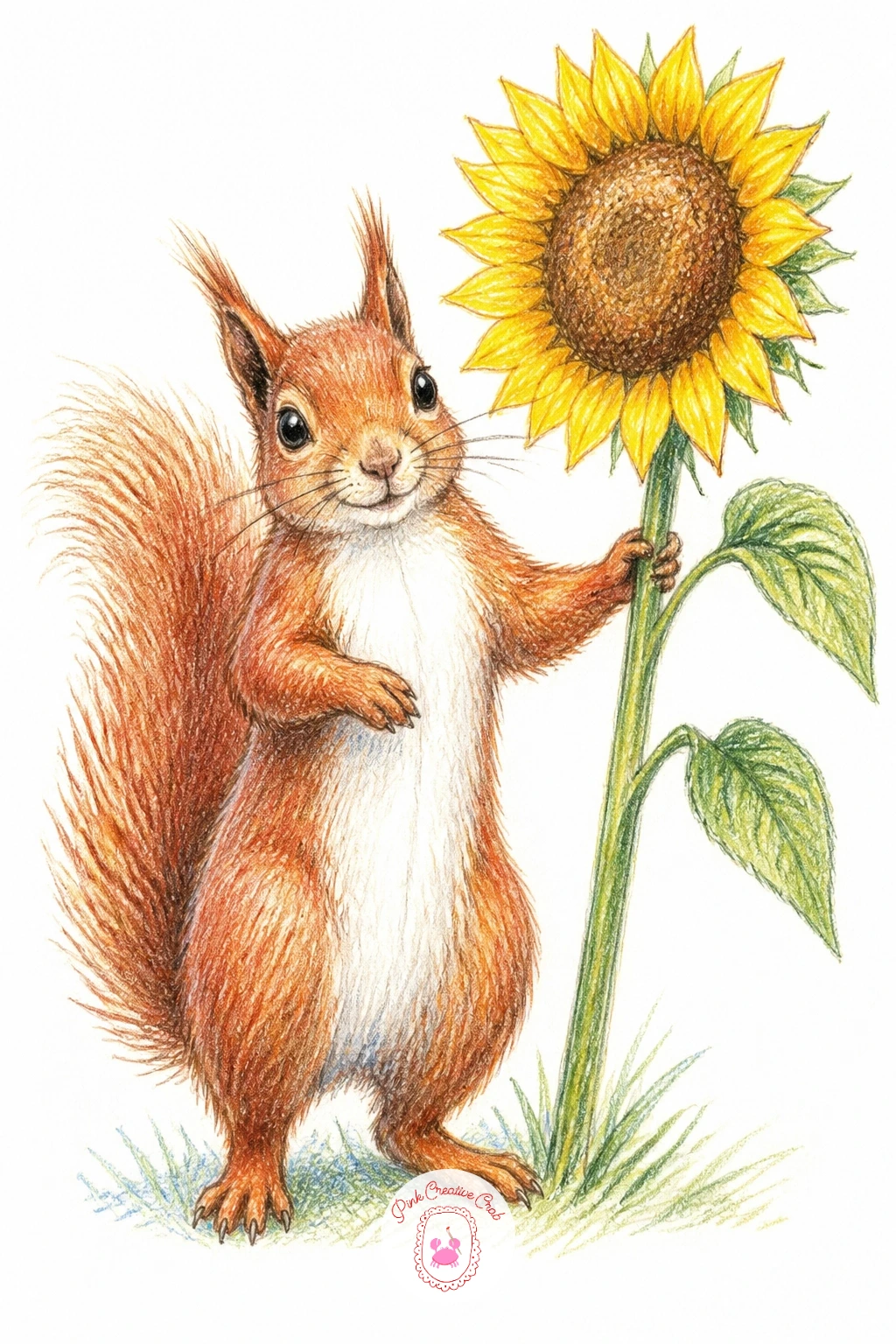 Squirrel Posing Beside a Sunflower Head — Pair a squirrel with a sunflower head nearly as tall as its own standing height, one paw resting against the thick