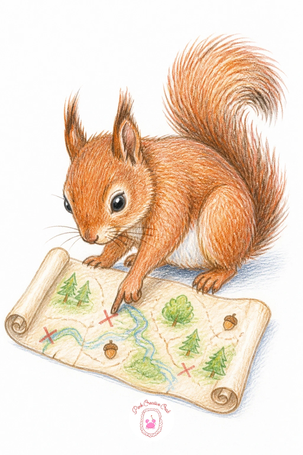 Squirrel Studying a Map of Hidden Nuts — Give this squirrel a playful task: sitting with a small unrolled paper map spread between its paws, tiny X marks