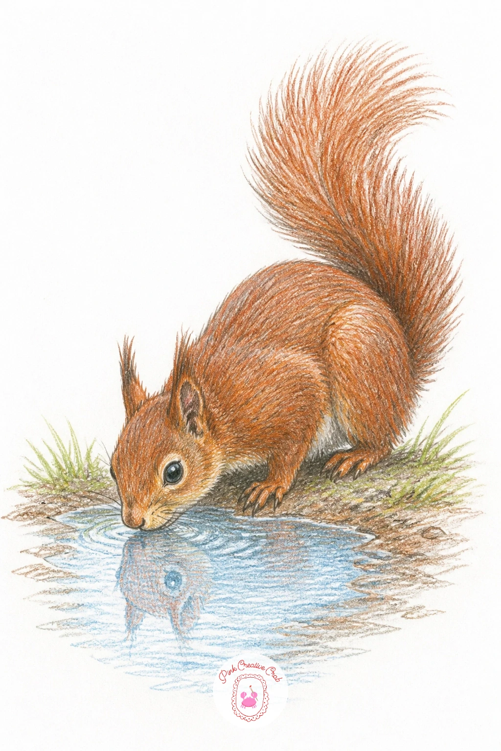 Squirrel Drinking From a Puddle — Work on reflection for this quiet scene: a squirrel bent low over a small puddle, tongue or muzzle just touching the surface