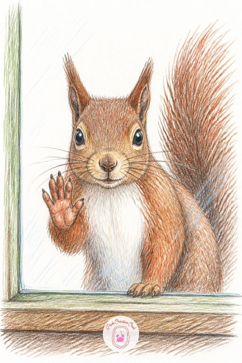 Squirrel Tapping on a Window — Bring the scene right up close: a squirrel standing on a windowsill, one paw raised against the glass as if tapping to be let