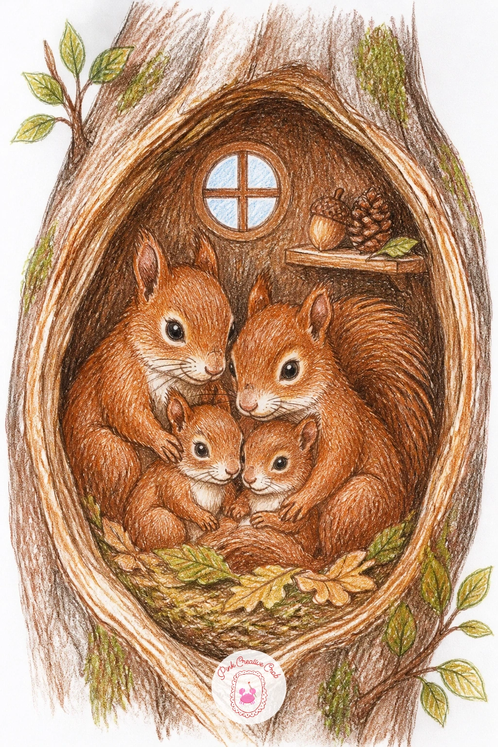 Squirrel Family in a Tree Trunk House — Close the set with the most involved scene: a cross-section of a tree trunk showing a small squirrel family inside