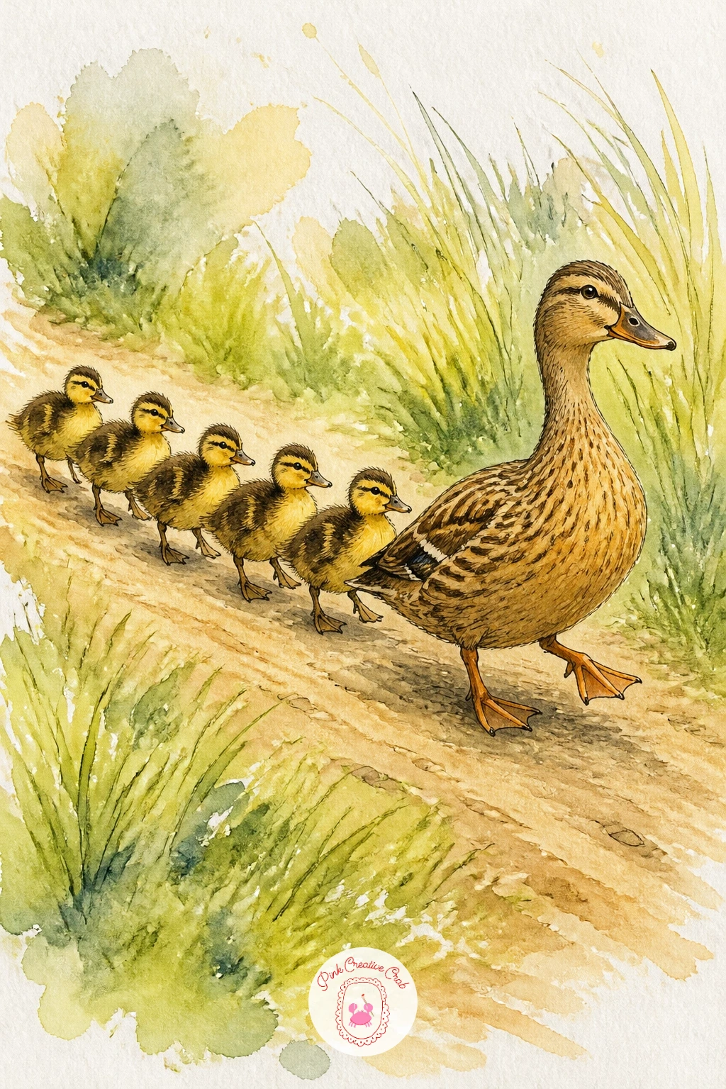 Ducklings Following Their Mother — Start with the row of ducklings following their mother across a path, since it teaches you the whole duck shape in its