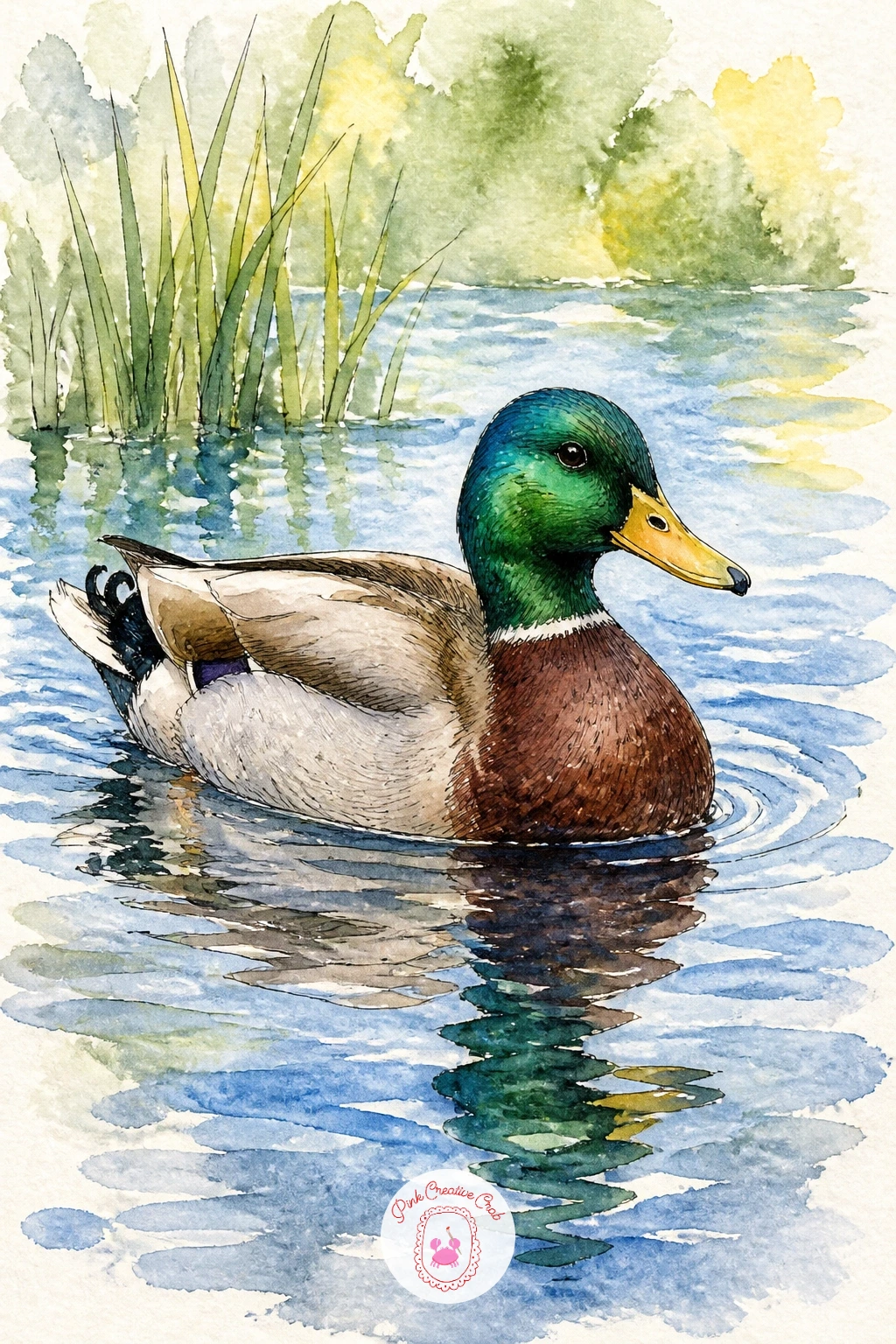 Mallard Drake on a Pond — Move next to the mallard drake with an emerald head on a pond, a classic subject that rewards a bold first wash. Duck painting