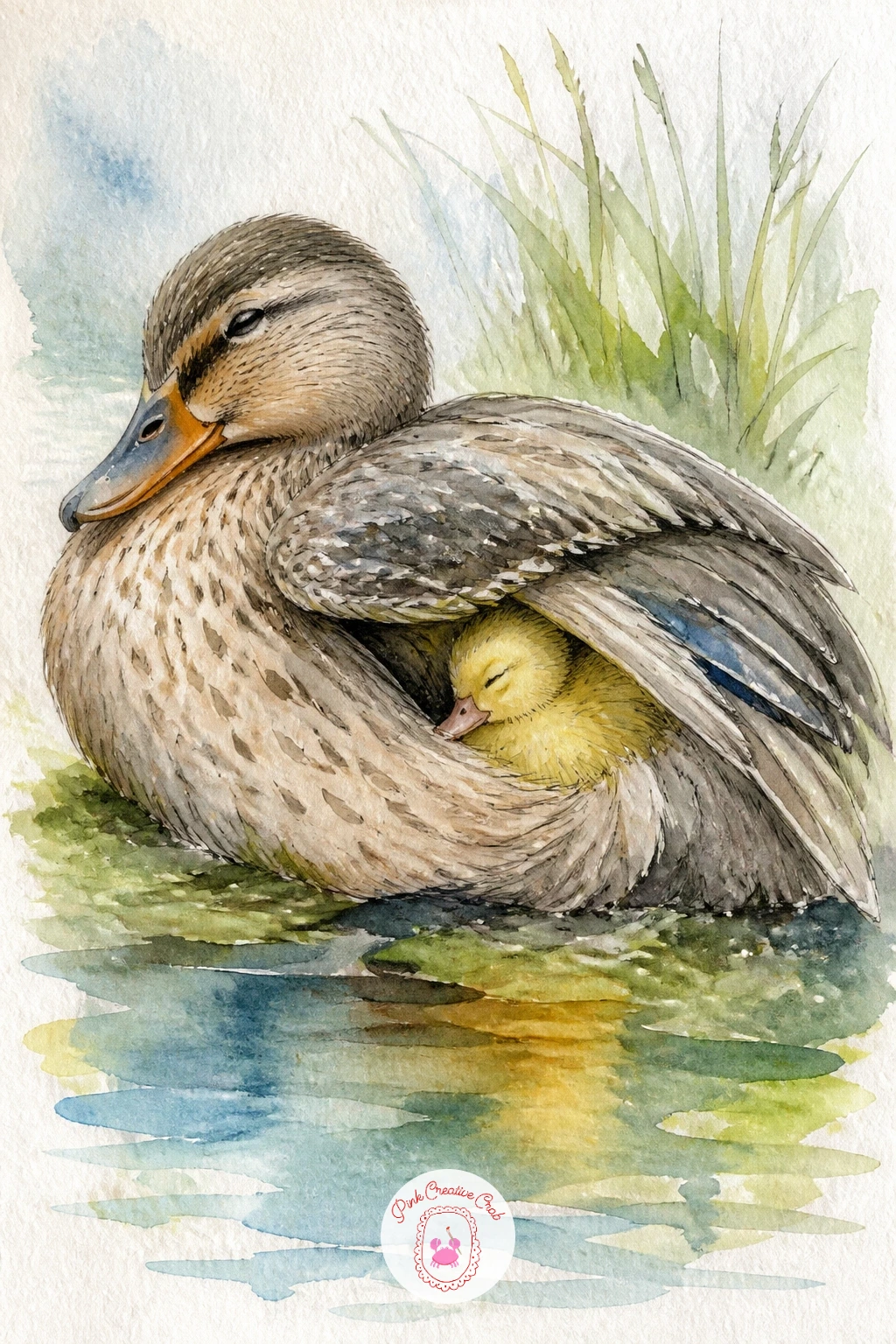 Duckling Asleep Under a Wing — From a bold adult bird, settle into something quieter: a duckling asleep under its mother's wing. Duck painting