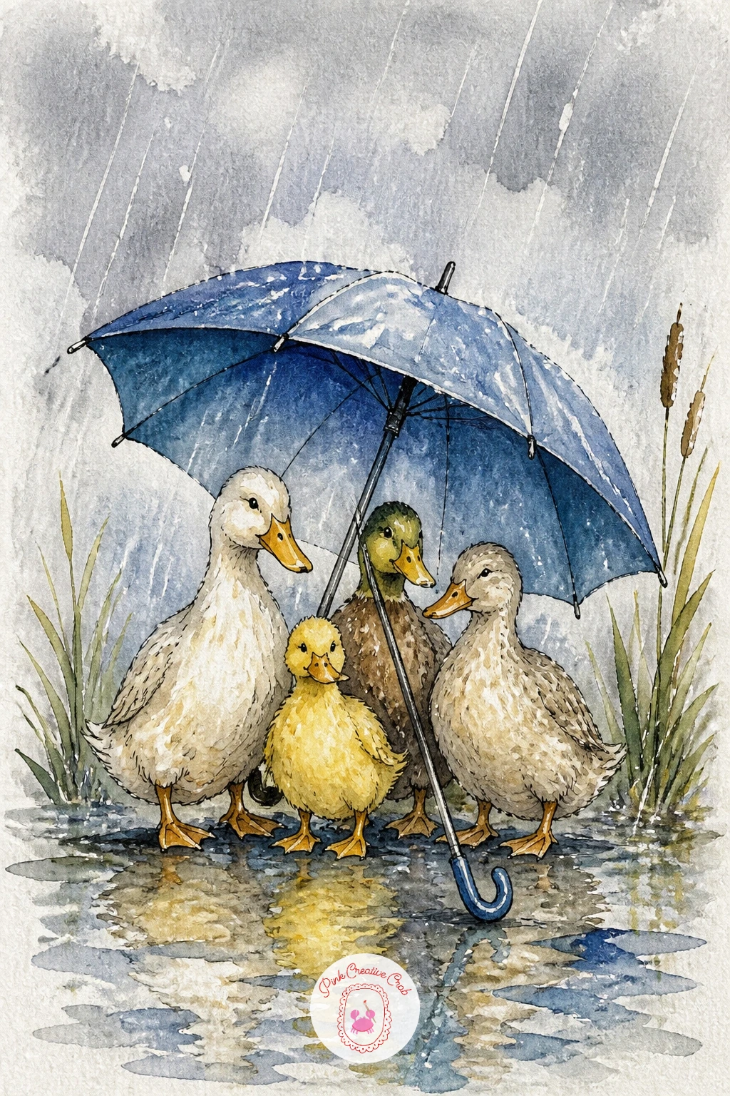 Ducks Under a Blue Umbrella — Bring in a little story now with ducks waddling under a blue umbrella in the rain, a charmer for anyone who likes a touch of