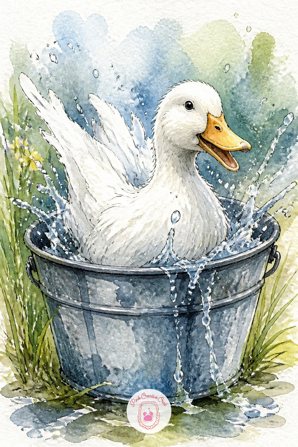 Farm Duck Splashing in a Tin Bucket — Keep the energy going with a white farm duck splashing in a tin bucket, a fun chance to paint shiny metal next to soft