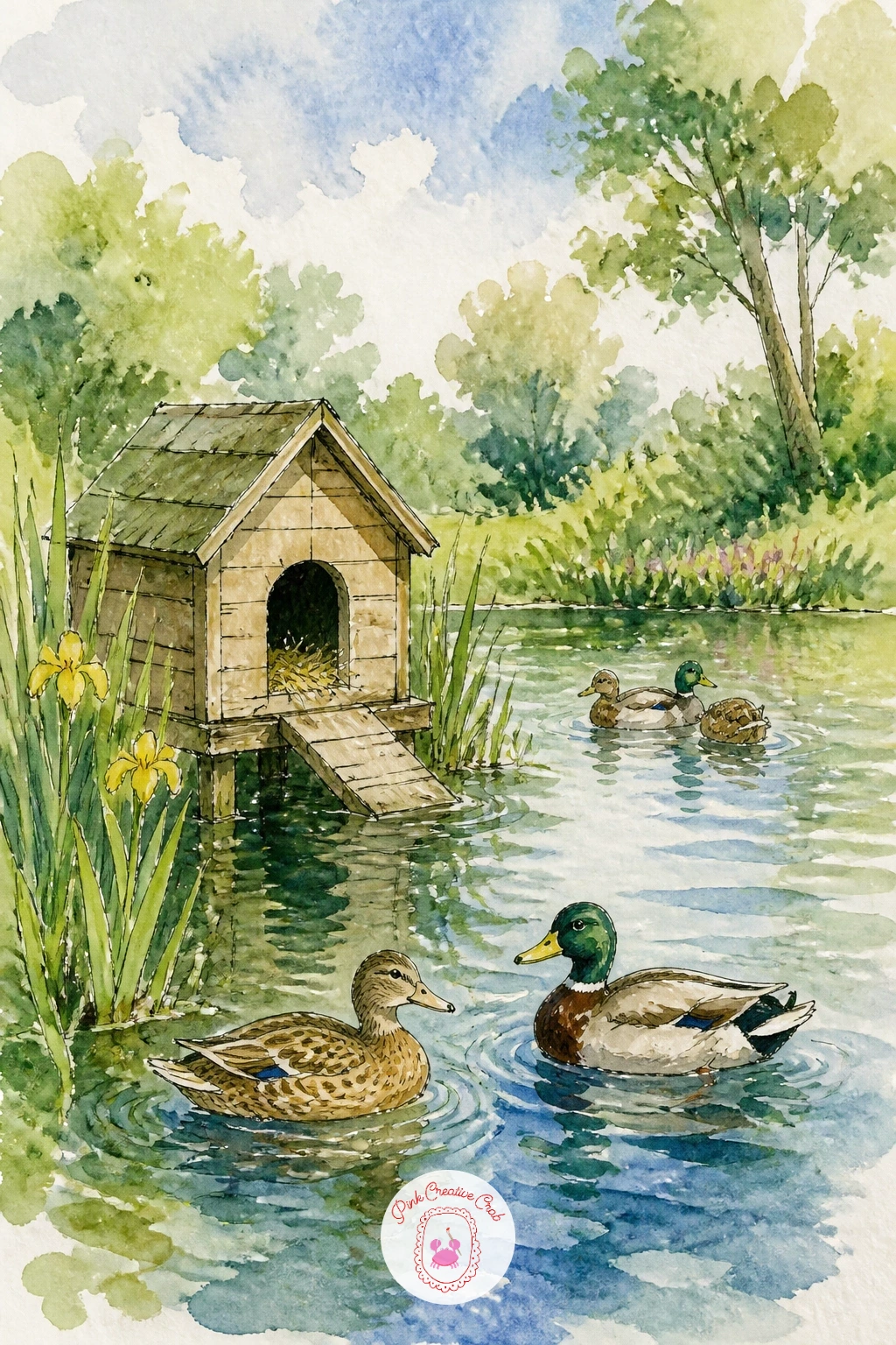 Duck Pond With a Wooden Duck House — Widen the view with a duck pond with a little wooden duck house, which gives you a chance to practice a small structure