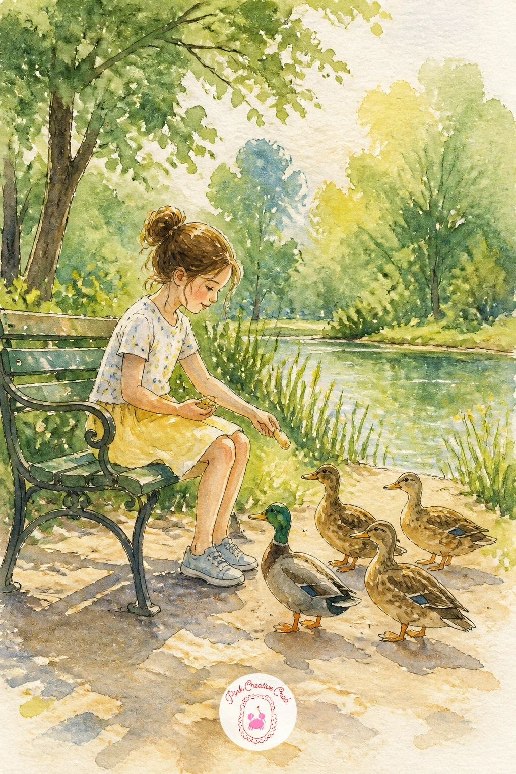 Girl Feeding Ducks From a Bench — Add a human touch with a girl feeding ducks from a bench, a gentle narrative scene that still keeps the ducks as the real