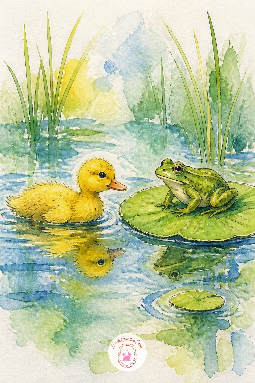 Duckling Meeting a Frog — Return to a tiny pond-side moment with a duckling meeting a frog on a lily pad, a charming pairing of two creatures that share the