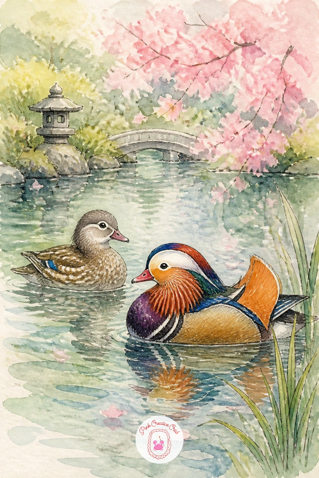 Mandarin Ducks in a Japanese Garden — Step up the detail with mandarin ducks in a Japanese garden pond, one of the most visually rewarding birds to paint
