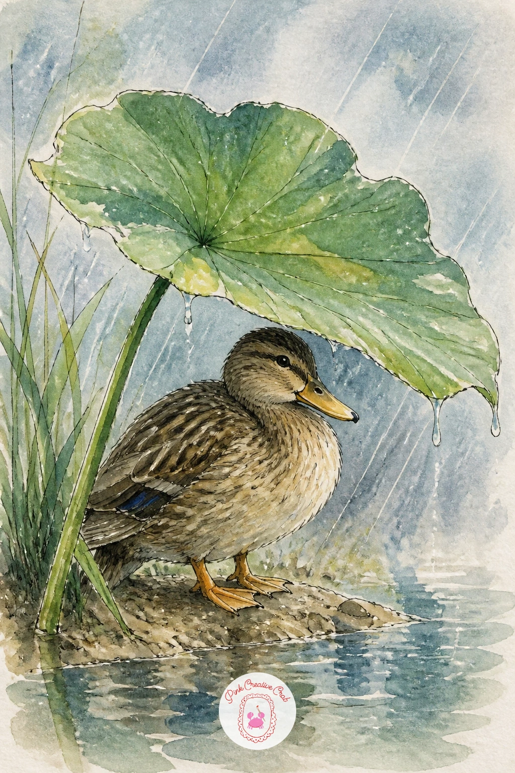 Duck Sheltering Under a Big Leaf — Return to something cozier with a duck sheltering under a big leaf in the rain, a sweet storybook moment that pairs a small