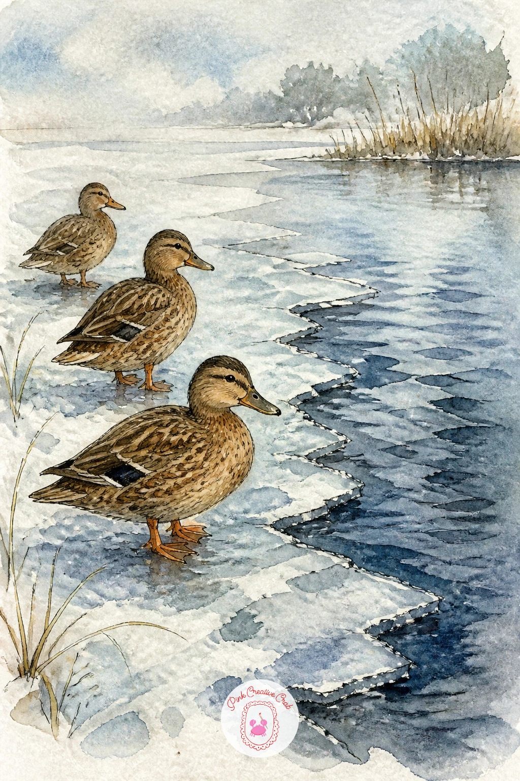 Ducks at the Edge of a Frozen Pond — Shift into a cooler season with ducks at the edge of a frozen pond, where open water meets a sheet of ice and the birds