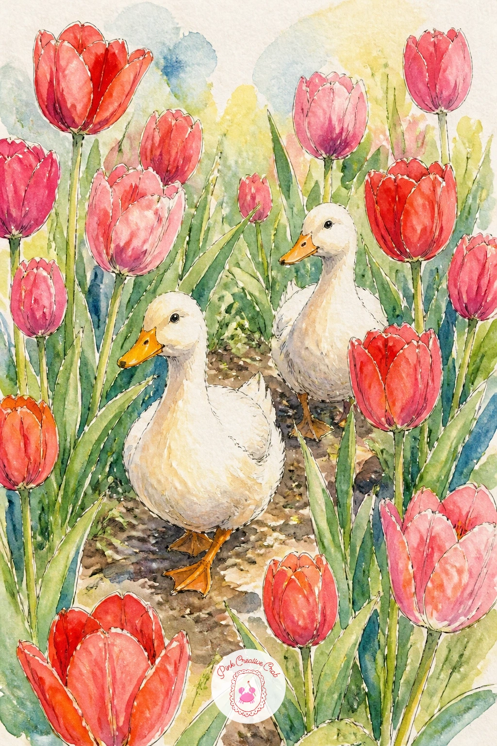 Ducks Wandering Through a Tulip Garden — Bring in spring color with ducks wandering through a tulip garden, a cheerful pairing that lets you practice flowers