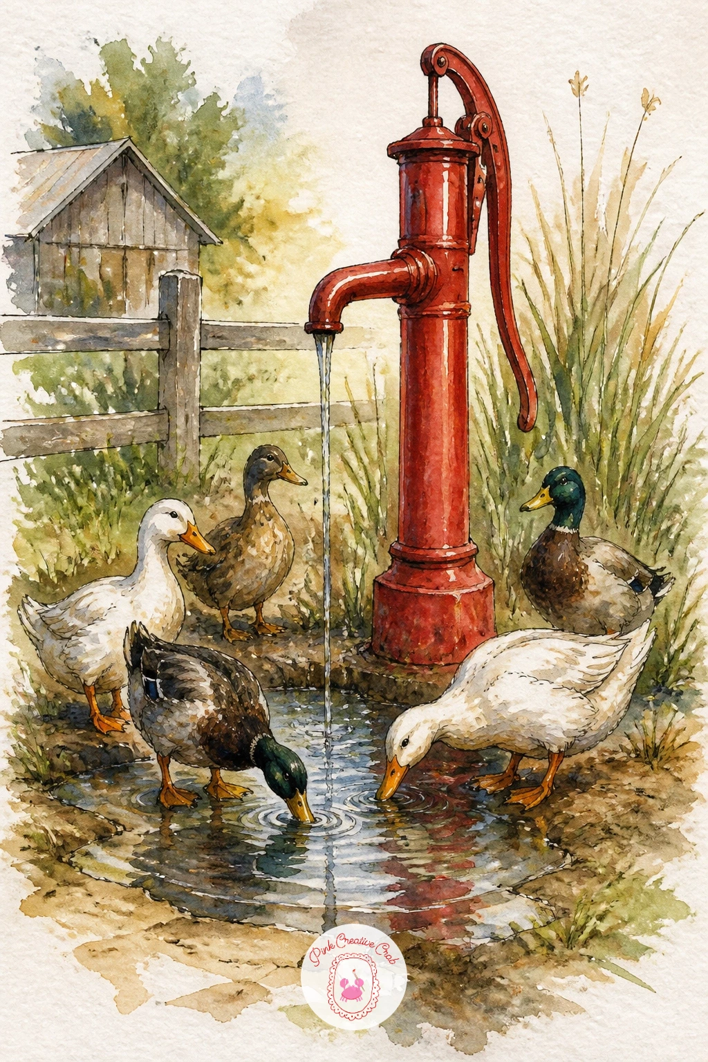Farmyard With a Red Water Pump — Build a fuller scene with a farmyard with ducks and a red water pump, a nice composition exercise now that you have practiced