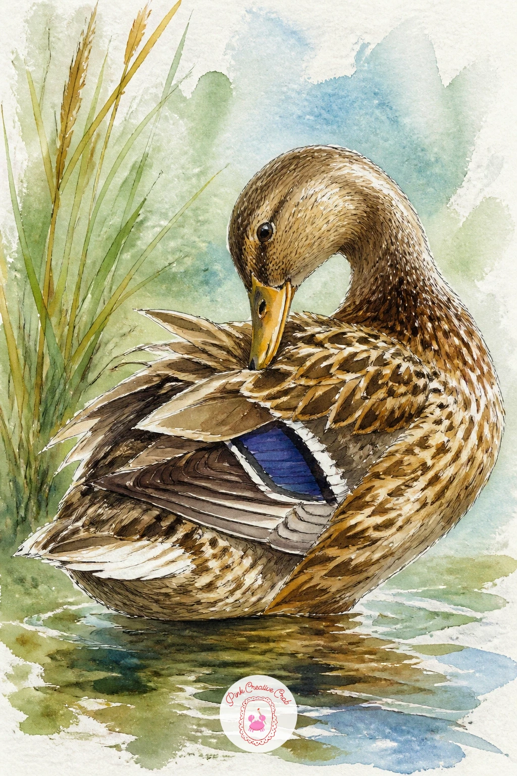 Duck Preening Its Feathers — Return to a single bird with a duck preening its feathers, a pose built around a dramatic curved neck reaching back toward the