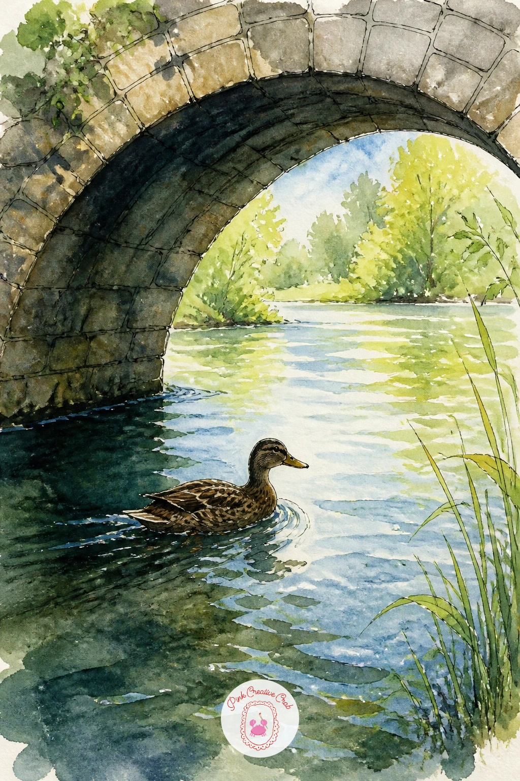 Duck Swimming Under a Stone Bridge — Build a more layered composition with a duck swimming under a stone bridge, which introduces an architectural arch and its