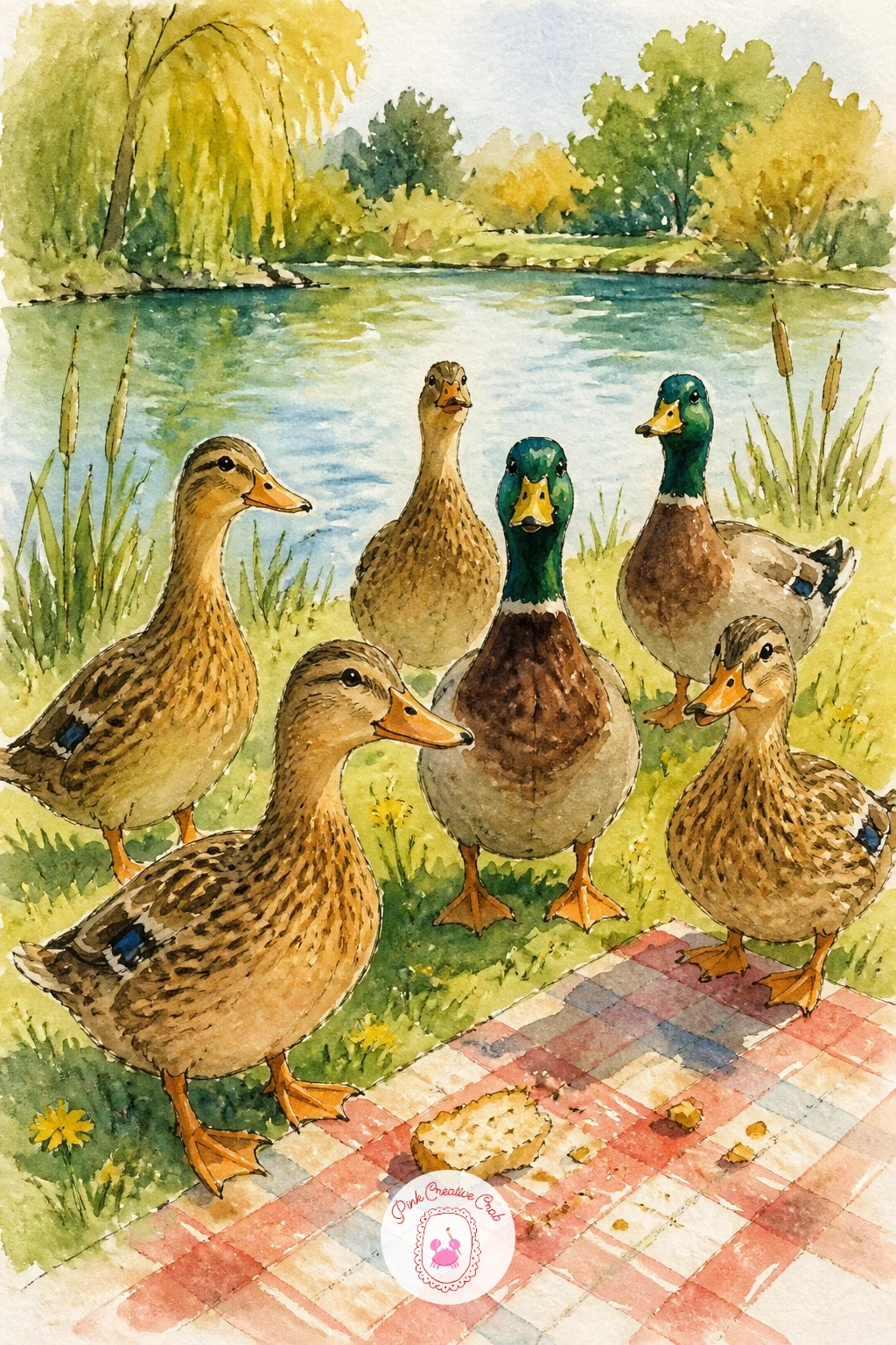 Ducks Waiting for Crumbs at a Pond Picnic — Close out with ducks waiting for crumbs at a pond picnic, a lively multi-bird scene to bring together everything